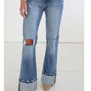 Mid-Rise Light Blue Distressed Flare Jeans